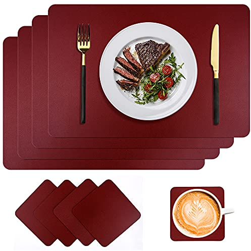 CLTPY Platzsets Abwaschbar 4er Set, 45x30cm Abwischbar Lederoptik Platzset und Untersetzer, Wein Rot Wasserdicht Tischsets Abwaschbar, Platzdeckchen Tischset für Hause Küche Restaurant und Hotel