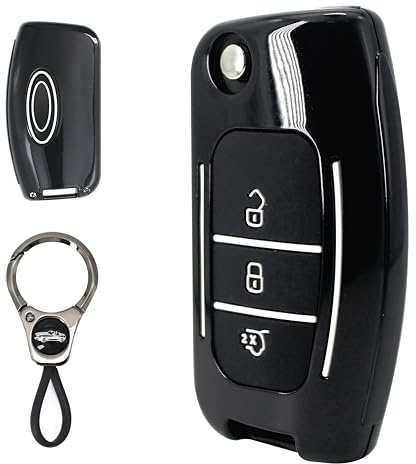 RYE ABS Kunststoff Autoschlüssel Hülle Cover Passt für Ford Focus/Fiesta/Galaxy/Kuga/C-Max/S-Max/Mondeo MK4 3 Tasten schlüsselhülle mit Schlüsselanhänger,Schwarz