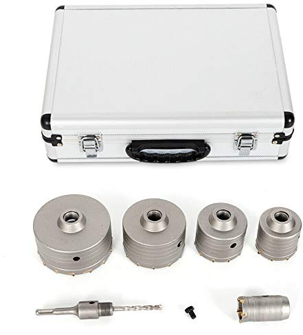 7 PCS Sierra de Corona Juego de Fresadora de Orificios con 5 Hojas de Sierra Ø 40/68/80/100/120 mm, 1 Eje Adaptador SDS-Plus 110 mm y Caja de Aluminio, para Muro de Hormigón
