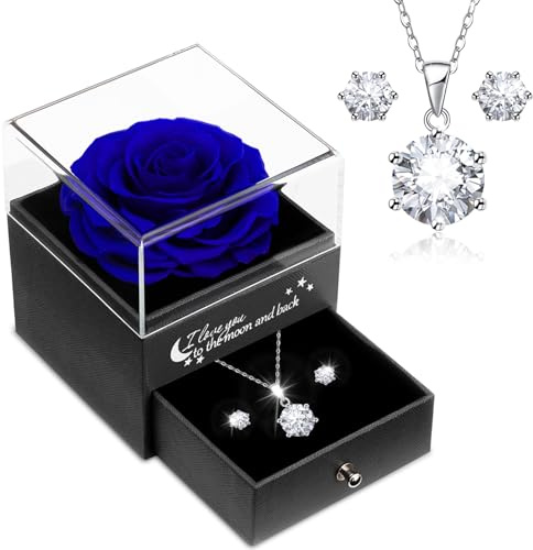 Sunia Geschenke für Sie zum Valentinstag, Ewige Rose mit Kette und Ohrringe aus 925 Sterlingsilber, Ewige Rose Geschenke für Frauen Mama Frau,Halskette Damen,Geschenk Geburtstag Valentinstag Jahrestag