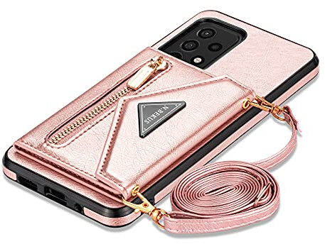 GUVAGI für Samsung Galaxy A52 A52S 5G Hülle mit Band Handyhülle Handykette,Flip 4-Karten Leder Klappbar Reißverschluss Geldbeutel Mädchen Case mit Abnehmbar Kette Schnur Tasche Hinten Umhängen (Rosa)