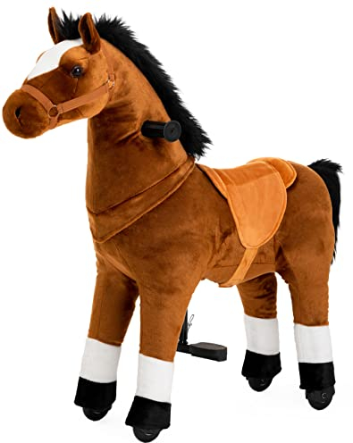 PONYEEHAW Reitpferd für Kinder ab 4 mit Rollen, Horse Toy Ride, Spielpferd zum Reiten Stehpferd Groß aus Metall und Plüsch Pferde Spielzeug zum Reiten mit Schabracke und Zaumzeug (Braun,Mittel)