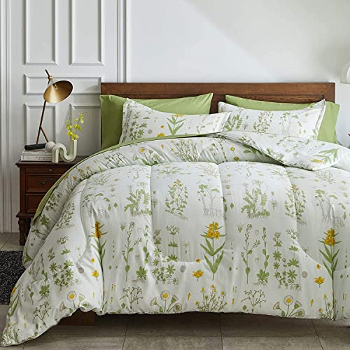 Lanqinglv Bettdecke 200x200cm Ganzjahresdecke 4 Jahreszeiten,Weiß Grün Blumenmuster Steppdecke für Allergiker Zudecke Schlafdecke Duvet 200x200 mit 2 Kissenbezug 80x80cm