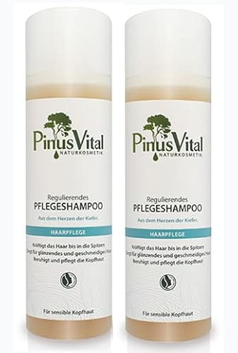 PinusVital Regulierendes Pflegeshampoo für alle Haartypen 2 x 200 ml | Regulierendes Shampoo für alle Haartypen, Naturkosmetik, vegan, ohne Silikone, für trockene, juckende und schuppige Kopfhaut