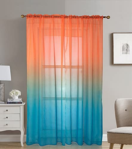 A.Monamour Gardine Scheibengardinen Kurzstores 1 Stück Rod Pocket Farbverlauf Orange Blau Transparent Voile Vorhang Kurzvorhang Küchenvorhang Küche Vorhang Fenster Kurz Stores Bistrogardine