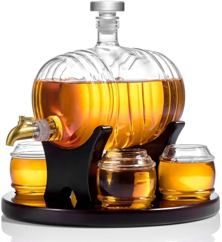 CRAFTGEN Juego de decantador de barril de whisky para bar en casa, regalos de cumpleaños únicos para hombres y padres, dispensador de licor de barril de 1.3 litros con 4 vasos para bourbon, escocés