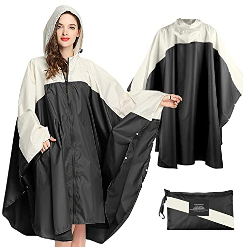 SOPPY Lightweight Waterproof Rain Poncho for Women Men, Windproof Reusable Ripstop Breathable Raincoat with Hood for Outdoor Activities Quick Dry Hooded Raincoat Free Size,Black&White(Width 153cm)