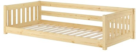 Erst-Holz®Niederflurbett für Kinder mit Sicherung 90 x 200 cm Kiefer massivRollrost inkl.