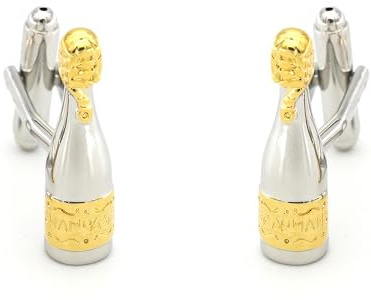 Boutons de Manchette Bouteille de Champagne Argentée et Bouchon Doré - Boutons de Manchette Originaux Thème Cuvée Millésime - Accessoire Fantaisie ou Déguisement Chemise et Veste de Costume