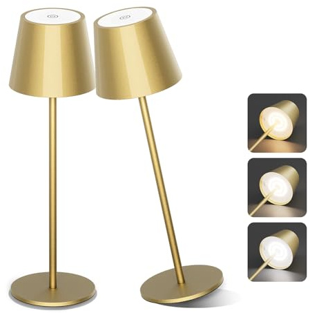 Aipsun 2 Stück dimmbare led akku tischleuchte Mattes Gold, 6000mAh, Tischlampe Kabellos, Warmweiß(2700k-6000k), IP54,Outdoor Tischlampe für Restaurant, Schlafzimmer, Bar