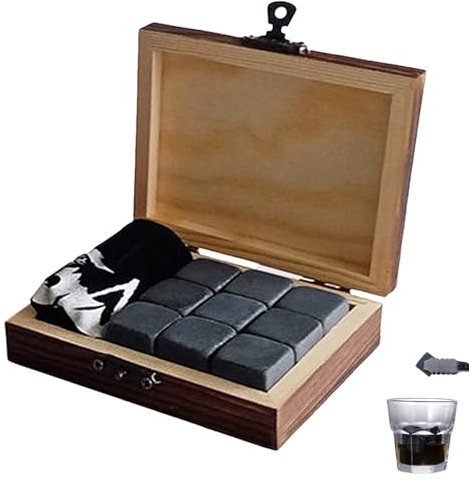 FUYTERY Whiskey Steine Geschenkset mit 9-Pcs Steinen und Holzkiste. Whisky, Bourbon, Cognac, Scotch, Marmor Wiederverwendbare Eiswürfel