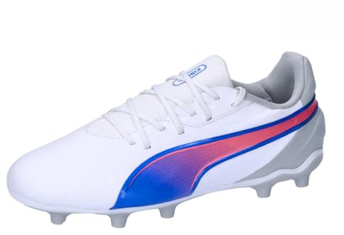 Puma Unisex Youth King Match FG/AG JR Soccer Shoe, Puma White-BLUEMAZING-Flat Light Gray, 35.5 EU