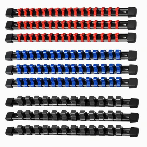 ACEBON 9-teiliges Aufsteckschienen-Set | 129 Clips für 6,3 mm (1/4), 10 mm (3/8), 12,5 mm (1/2) Steckschlüssel-Einsätze | Steckschlüssel-Organizer zur Wandmontage