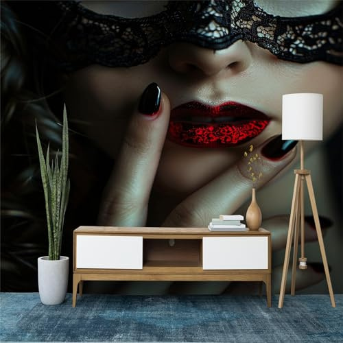 Vlies Fototapete Schwarz 200 x 140 cm (B x H), Sexy Mädchen mit Roten Lippen Fototapete für Schlafzimmer Wohnzimmer Vliestapete Wandtapete Motivtapeten Bildtapete 3D Effekt Wand Dekoration