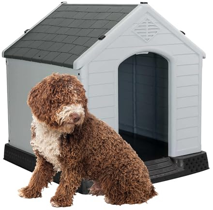 Aqpet Hundehütte aus Kunststoff für den Innen- und Außenbereich, wasserdicht mit erhöhtem Boden, für große Hunde 105 x 96 x 98 H, Grau