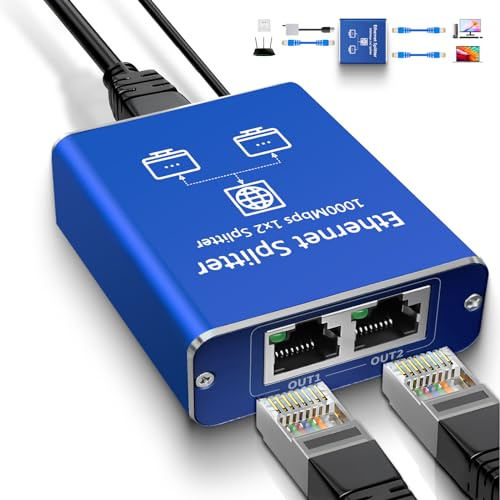STEAMEMO Splitter Gigabit Ethernet da 1 a 2, splitter di rete Ethernet, splitter LAN con cavo di alimentazione USB, splitter RJ45, 1000 Mbps, ad alta velocità, per cavi Cat5/5e/6/7/8 [2 dispositivi