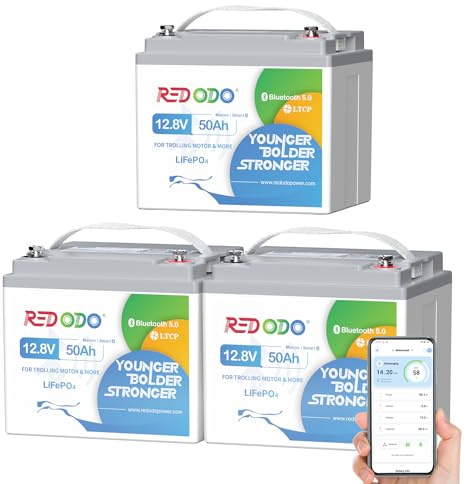 Redodo 12V 50Ah Bluetooth LiFePO4 Batterie mit 50A BMS, 640Wh, IP65, 3 Pack | Ideal für die Stromversorgung von Wohnmobilen, Notstromaggregaten, Solaranlagen, Elektromotoren und Bootsausrüstung.
