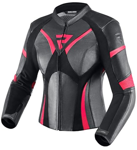 REBELHORN Rebel Lady Motorradjacke Damen | Rindsleder | Ellbogen und Schulterprotektoren Stufe 2 | Rückenprotektor Stufe 1 | Perforierte Belüftungspaneele | Größen bis 46