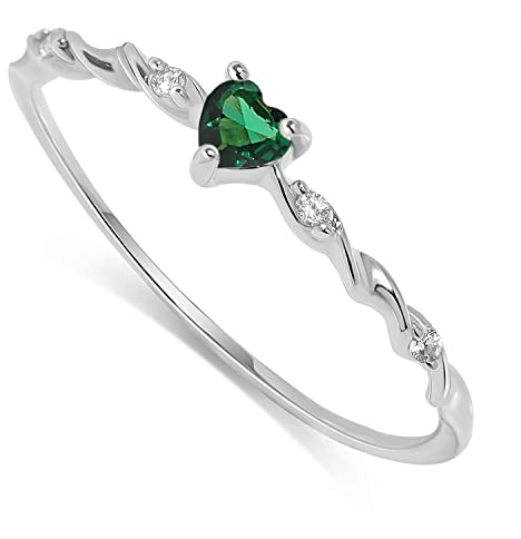 Vergoldete Geburtssteinringe für Damen, Herz-Gold-Stapelring, 925 Sterling Silber, handgefertigte Freundschaftsringe, Geburtsstein Mai, Größe 54 (Silber)