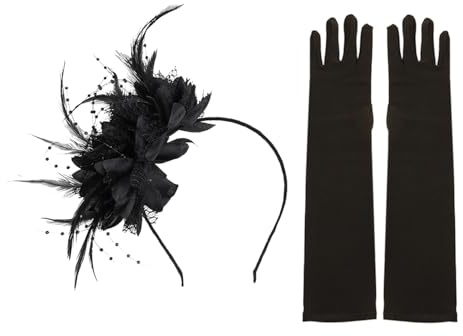 1 Fascia Per Capelli In Piume, 1 Guanto Elasticizzato, Fascia Per Capelli In Piume Di Fiori Finti, Copricapo Fascinator Da Donna, Fascia Per Capelli Da Donna Anni '20