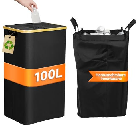 DOLLAR BOSS Contenedor de botellas vacías 100L con tapa, Contenedor de reciclaje, Recogedor de botellas, Contenedor grande para botellas con depósito, Sistema de separación de residuos para la cocina.