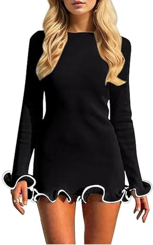 LSFYSZD Women Long Sleeve Knit Sweater Mini Dress Ruffle Hem Bodycon Jumper Dress Fall Winter Casual Ribbed Slim Fit Party Dress