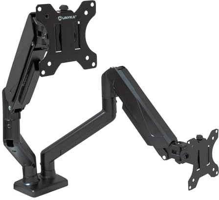 UNYKach Soporte Doble Escritorio Universal UK1479 Monitores 13-32 | Resorte de Gas, Articulado, Inclinable y Giratorio 360°, VESA 75x75 / 100x100, Carga Máx. 10 kg Cada Brazo