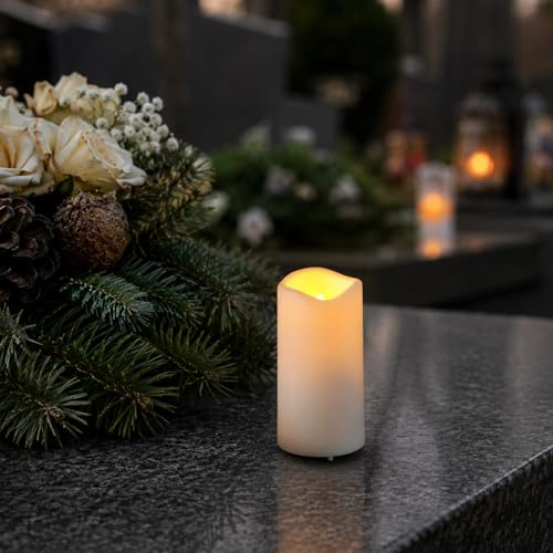 MARELIDA LED Mini Kerze Grabkerze Outdoorkerze H: 10cm D: 5cm mit Timer und Sensor bis 750h weiß für Innen/Außen