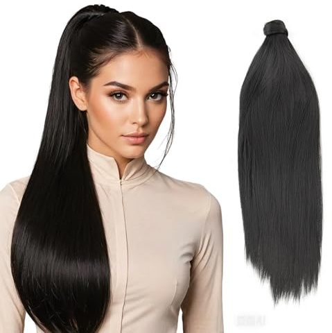 JJstar 70cm Straight Ponytail Extension, Clip-in Wrap Around Synthetic Hairpiece for Women