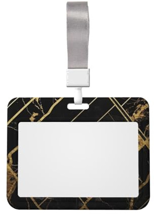 Porte-badge coulissant en plastique dur avec lanière - Étanche - Avec fenêtre transparente - Étui de protection en marbre noir et doré pour homme et femme