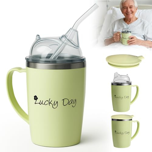 HOVCEH 350ml Adult Sippy Cup, 3-in-1 Elderly Spill Proof Cups, Beakers for Elderly with Lid and 30cm Straw, Spill Proof Adult Sippy Cup with Handle,Stainless Steel Dysphagia Cups for Elderly Patient