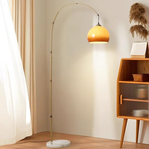 KlkrzJwy Arc Floor Lamp Adjustable Height Floor Lamps Mid Century Modern Arched Standing Lamp With Orange Glass Shade And Marble Base Imitation Bamboo Iron Pole Tall Lamp for Living Room Office