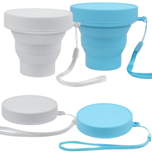 YUFETY Lot de 2 tasses pliables en silicone sans BPA avec couvercle hermétique réutilisables pour camping, randonnée, pique-nique – Blanc et bleu clair