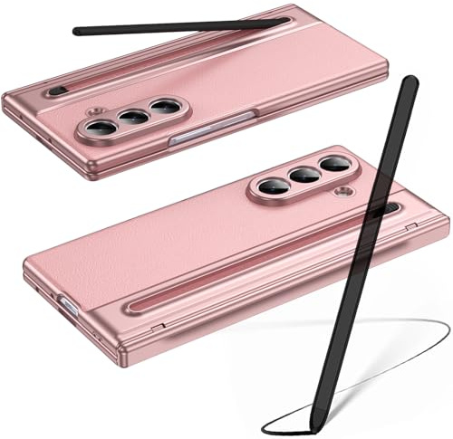 Hülle für Galaxy Z Fold7 mit Stylus Pen, Z Fold 7 Cover mit Displayschutzfolie vorne + S Pen-Steckplatz, Lederhülle für Samsung Galaxy Z Fold7 mit Scharnierschutz-Rosa