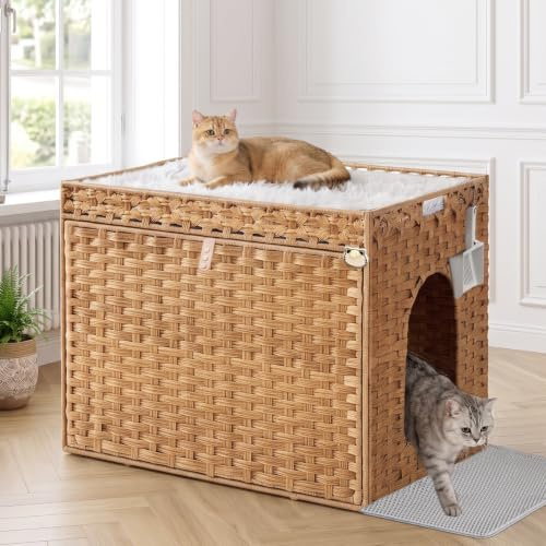 LEEJARD Katzenklo: Versteckte Katzentoilette aus Rattan in Möbeloptik mit auslaufsicherer Katzenklo-Matte für leichtere Reinigung – natürliches Design für Schlafzimmer & Wohnzimmer (Herbstgelb)