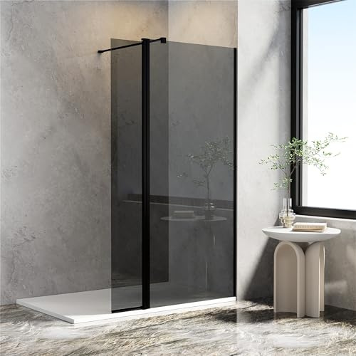 AQUARA 800mm Shower Screen with 300mm Flipper Panel, 8mm Easy Clean Grey Toughened Saftey Glass with Support Bar, Black Wet Room Shower Screens