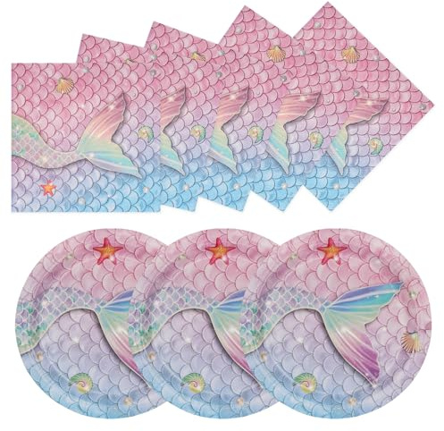 48Pcs Mermaid Paper Plates and Napkins, 9 Inch Disposable Strong Plates for Parties, Party Tableware Set for Baby Showers Birthady Table Decorations