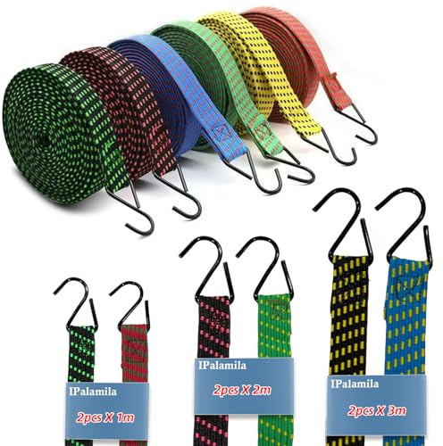 6-piece elastic cord set (with hooks), IKR elastic straps, comprising: 2 x 1-metre, 2-metre, 3-metre elastic cords. Waterproof, slip-resistant, UV-resistant heavy-duty elastic cords.