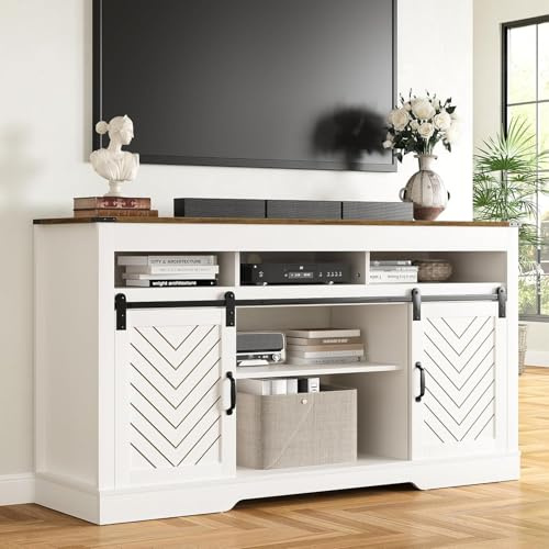 SUNVIVI TV Stand Cabinet for TVs up to 65 Inch, Farmhouse Entertainment Center with Sliding Barn Doors, 147cm Media Console Table with Large Storage & Adjustable Shelves for Living Room(Rustic Oak)