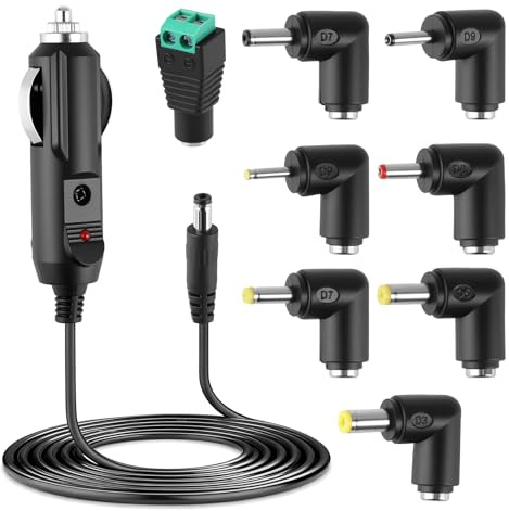 12V 2A Cargador de Coche Universal con 8 Conectores Fuente 24W DC 5.5 x 2.1 mm Adaptador para Auto Alimentación Cable Encendedor Portátil con Múltiple Conectores para Coche GPS Cámara Tablet Altavoz