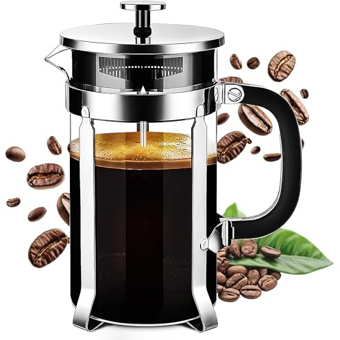 Crystalia French Press Coffee Maker, 1000 ml Cafetiere, 8 Cups Heat Resistant Borosilicate Glass Caffettiera, Stainless Steel Filter Loose Tea and Milk Froth, Dishwasher Safe Coffee Press, Cafeteria