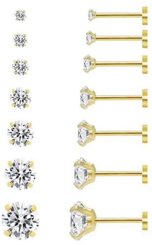 7 Pairs Flat Back Stud Earrings Set for Women Hypoallergenic 14K Gold Plated Surgical Steel 2-8mm Round 5A+ CZ Screw Back Cartilage Earrings Studs Helix Tragus Piercing Jewellery
