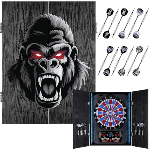 Yirinatek Elektronische Dartscheibe mit Rustikalen Holz-Schrank [12 Bronze Soft-Tip Pfeile], 8-Farben LED für 8 Spieler, Dart Scheibe Profi