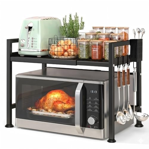 ZOVRIXIA Soporte para Microondas Extensible con 8 Ganchos 1 Soporte | Estanteria Microondas de Cocina, Mueble para Microondas Encimera al Carbono, Estante para Microondas de Utensilios