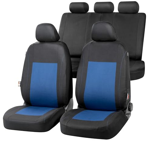 Walser Auto-Sitzbezug Sandray Komplettset, Universal PKW-Sitzbezüge 4-teilig, Auto-Schonbezüge, 2 Vordersitzbezüge, 1 Rücksitzbezug blau-schwarz