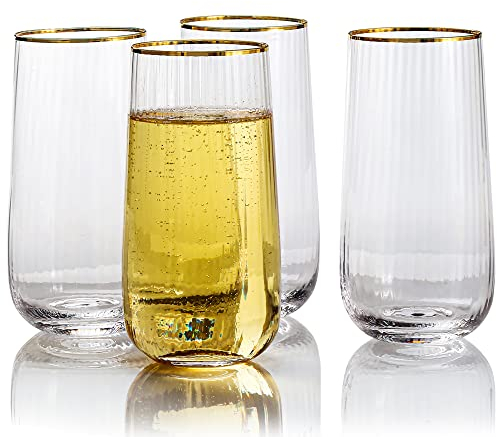 Lysenn Weingläser ohne Stiel, Premium-Trinkgläser für sprudelnden Wein und Champagner, elegante vertikale Streifen und Goldrand, transparent, 482 ml, 4 Stück
