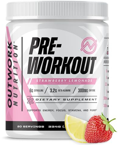 Outwork Nutrition Preworkout for Men & Women - Nootropic Pre Workout Without Creatine, Pre-Workout Powder with Taurine Rhodiola Citrulline Malate Beta Alanine Caffeine (Strawberry Lemonade)