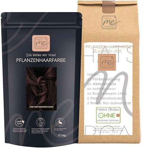 Thats me Organic® Profi Pflanzenhaarfarbe + Zubehörset (cool deep mahagony black) – Bio Haarfarbe ohne Chemie – Haarfarbe für gesundes Haarefärben auch während Schwangerschaft und Stillzeit