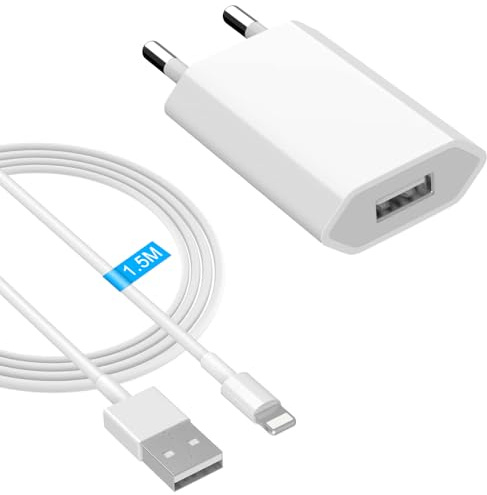 Cargador Compatible con iPhone 12 11 8 7 6S Plus SE XR XS X, Newding Pack de Cargador USB de Pared y Cable 1.5M, Adaptador Enchufe de Carga 5W