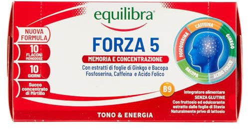 Equilibra Integratori Alimentari, Forza 5, Integratore con Estratti di Foglie Ginkgo e Bacopa, Fosfoserina, Caffeina e Acido Folico, Gusto Cola, con Succo Concentrato di Mirtillo, 10 Flaconcini